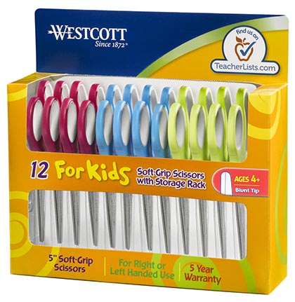 Soft Handle 5" Kids Scissors Classpack with Storage Rack, Blunt, Pack of 12 | 15971 ACM