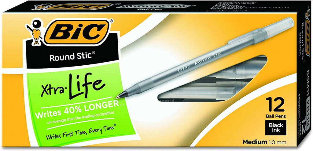 BIC® Round Stic® Xtra Life Ballpoint Pens — Black, 1.0 mm, 12/Pack