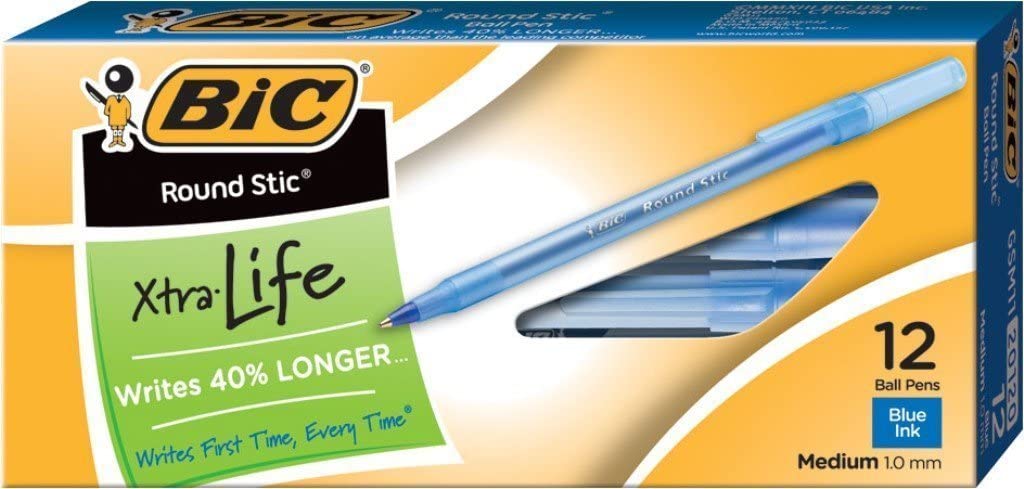 BIC® Round Stic® Xtra Life Ballpoint Pens — Blue, 1.0 mm, 12/Pack