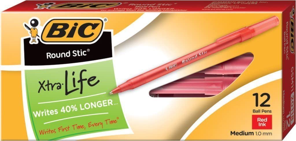 BIC® Round Stic® Xtra Life Ballpoint Pens — Red, 1.0 mm, 12/Pack