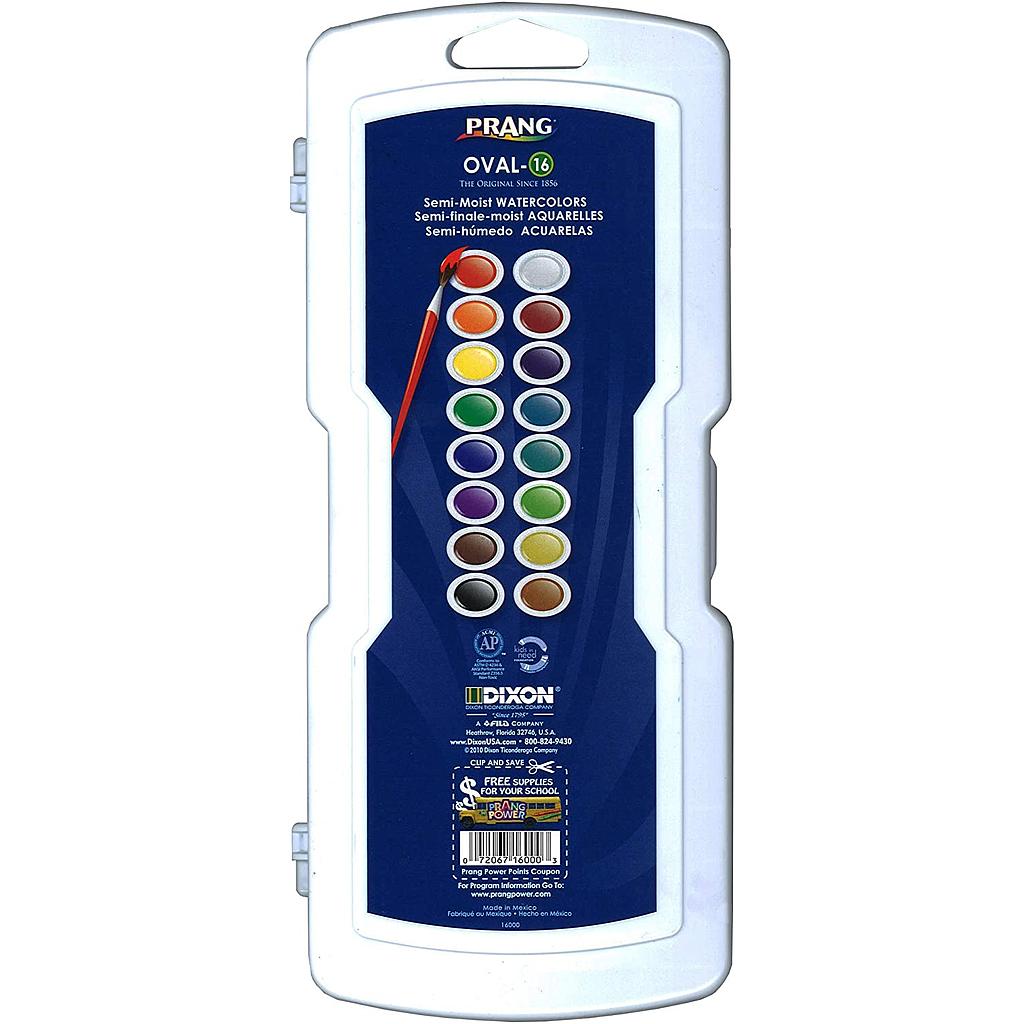 Prang® Semi‑Moist Watercolor Set, Oval Pan, 16 Colors with Brush,case approx. 8.5" x 4.4" x 0.8", 16 colors 
