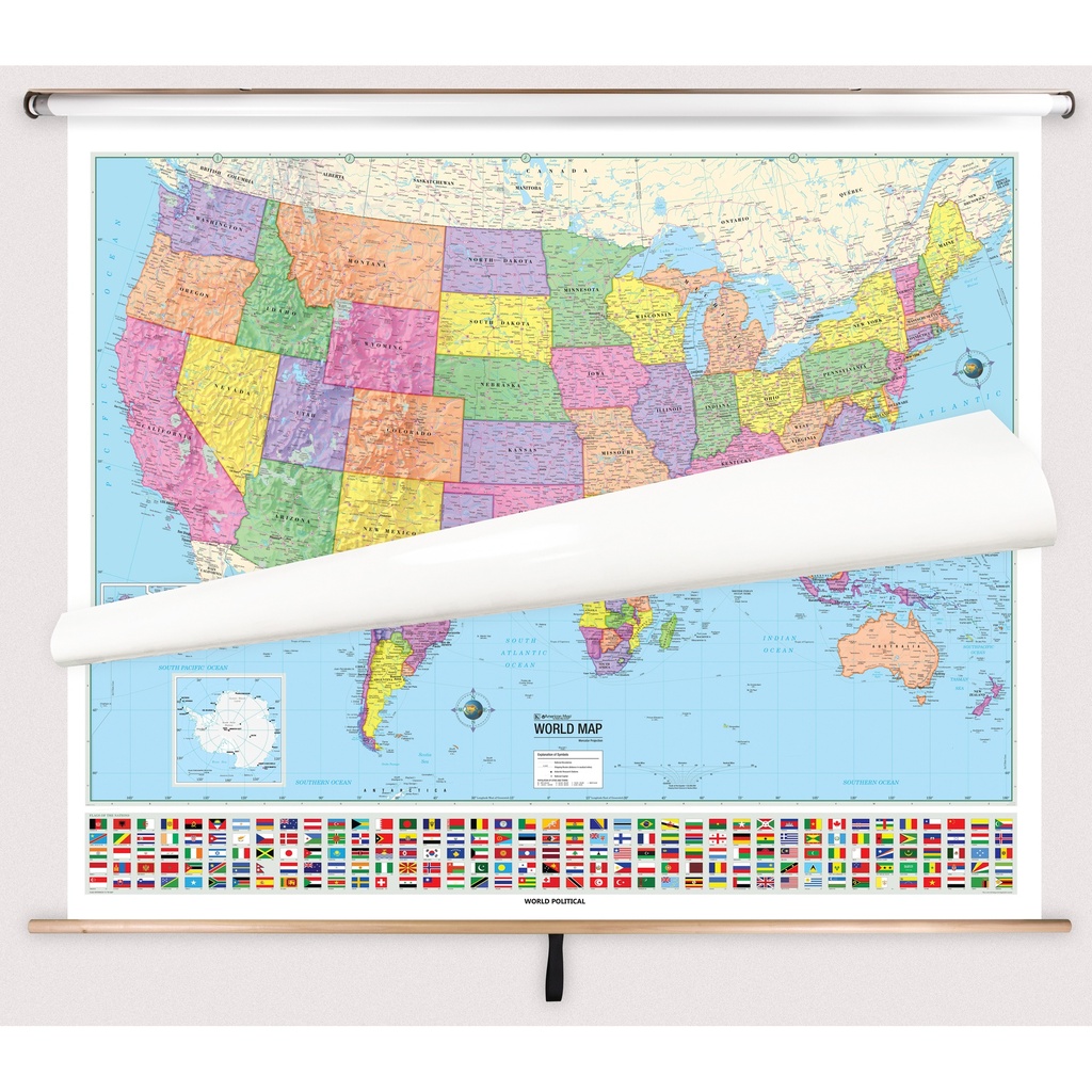 Classic US/World Map with Flags Classroom Pull Down 2 Map Bundle on Spring Roller