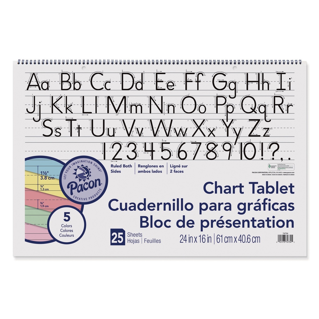 Pacon® Colored Paper Chart Tablet — 1‑1/2" ruled, 24" × 16", 25 sheets