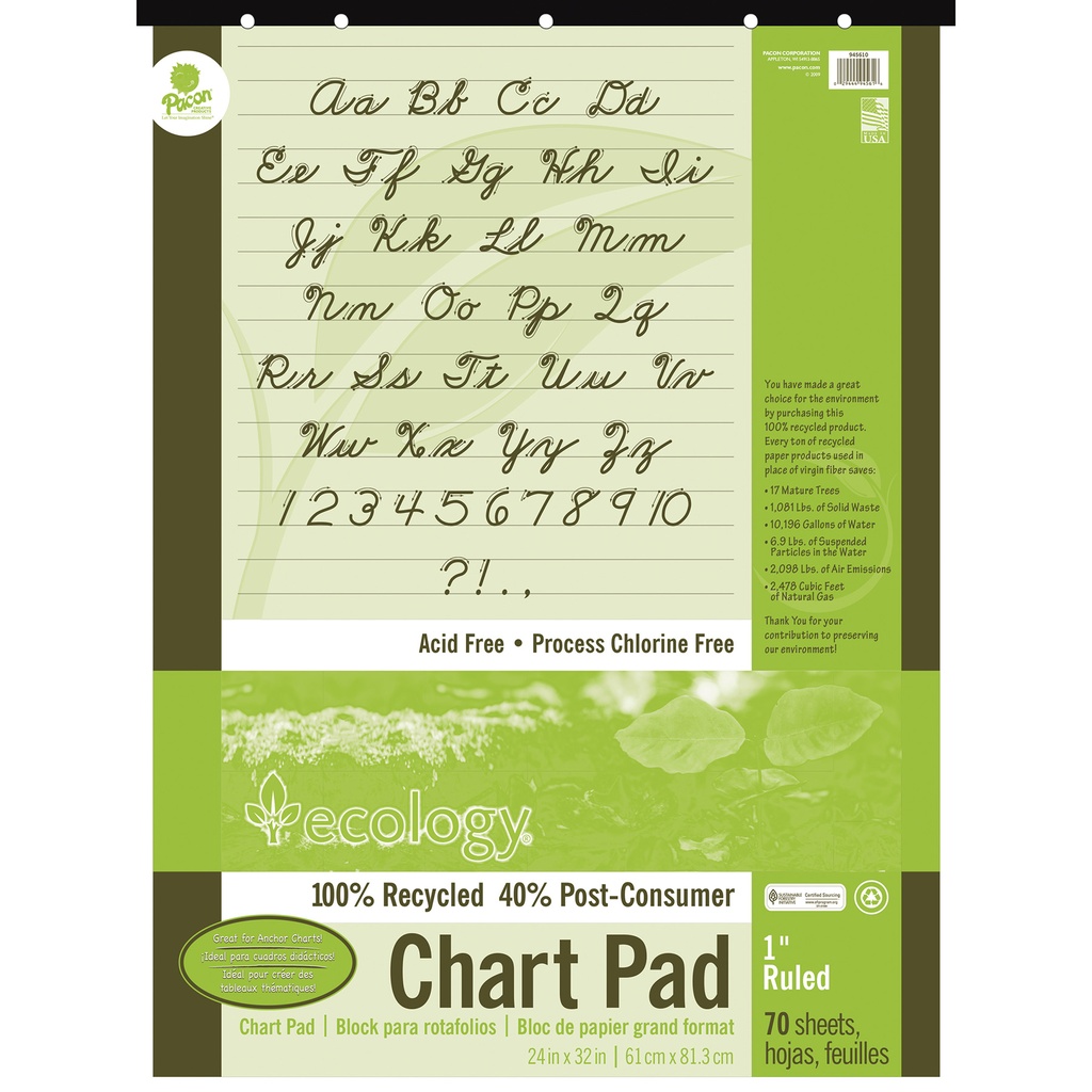 Pacon® Ecology® Recycled Chart Pad — 24" × 32", 1" Ruled, 70 Sheets (Cursive Cover)