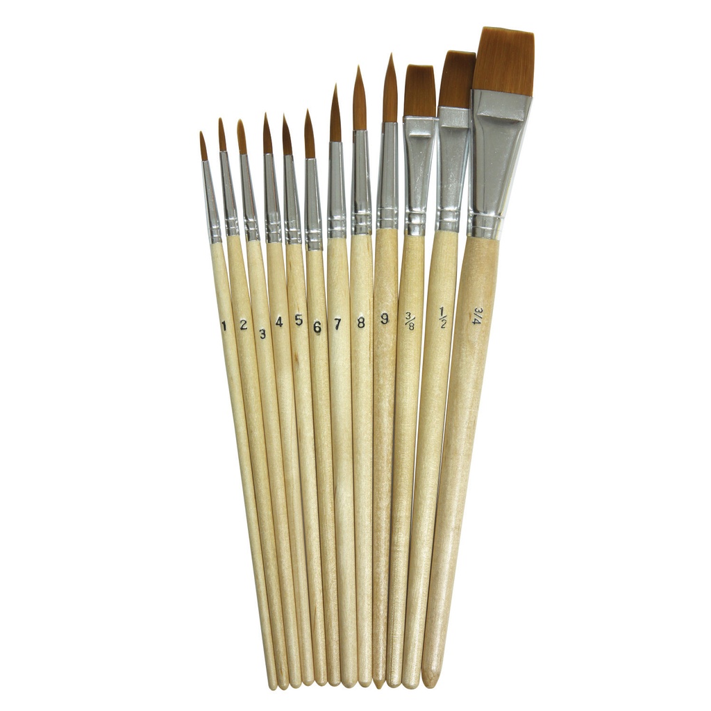 12ct Natural Wood Watercolor Assorted Size Brushes