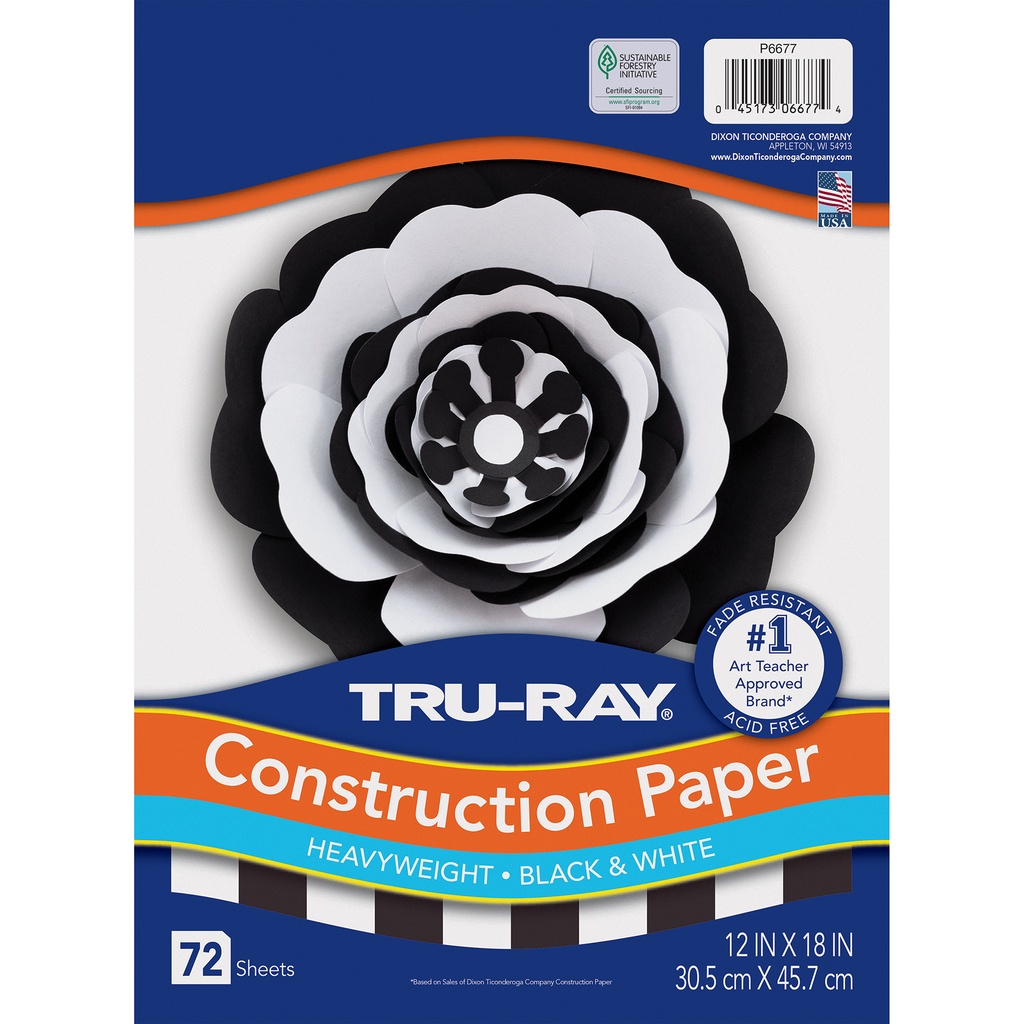 Tru‑Ray® Premium Construction Paper — Black & White, 12" × 18", 72 sheets