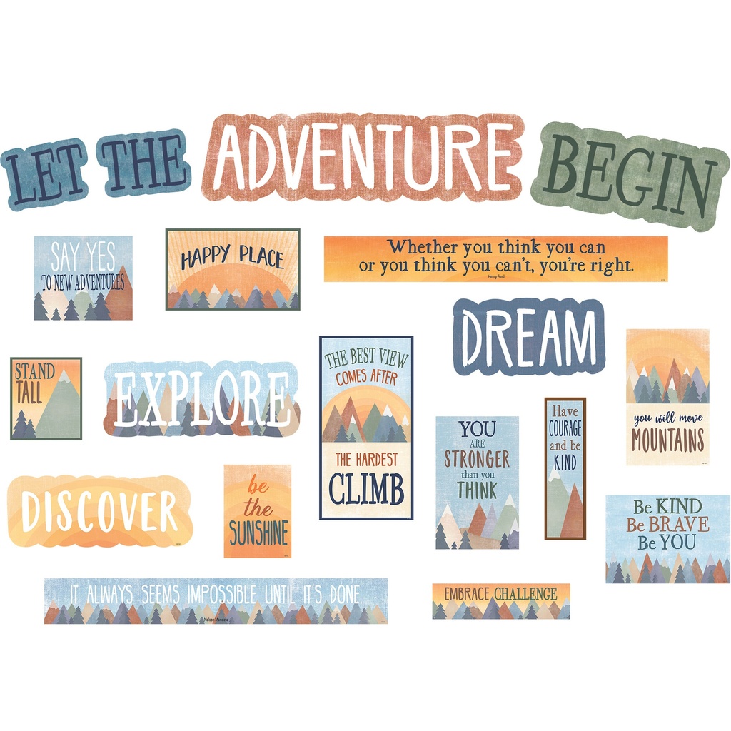 Teacher Created Resources® Moving Mountains “Let the Adventure Begin” Mini Bulletin Board Set — Mini bulletin board set with growth-mindset and adventure messaging for classroom inspiration