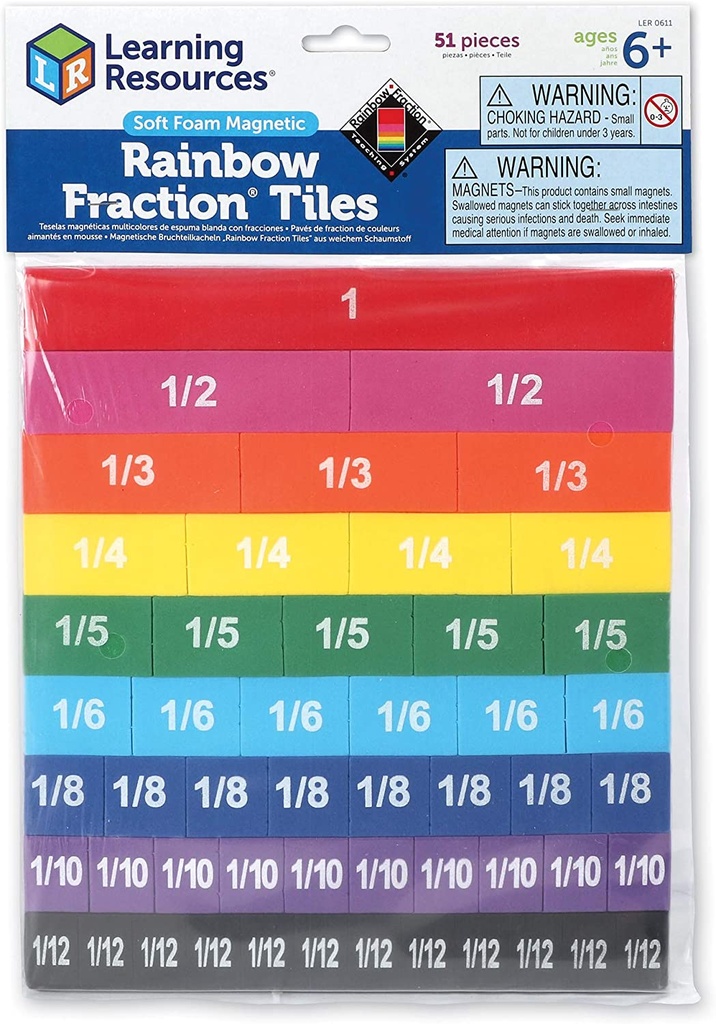 Learning Resources® Rainbow Fraction® Soft Foam Magnetic Tiles,Tile set for magnetic whiteboards, 51-piece set 
