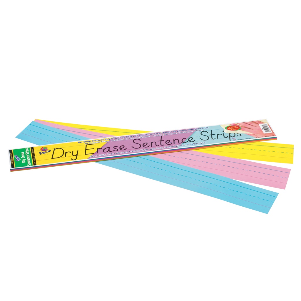 Pacon® Dry Erase Sentence Strips, 3 Assorted Colors, 1-1/2" x 3/4" Ruled, 3" x 24", 30 Strips