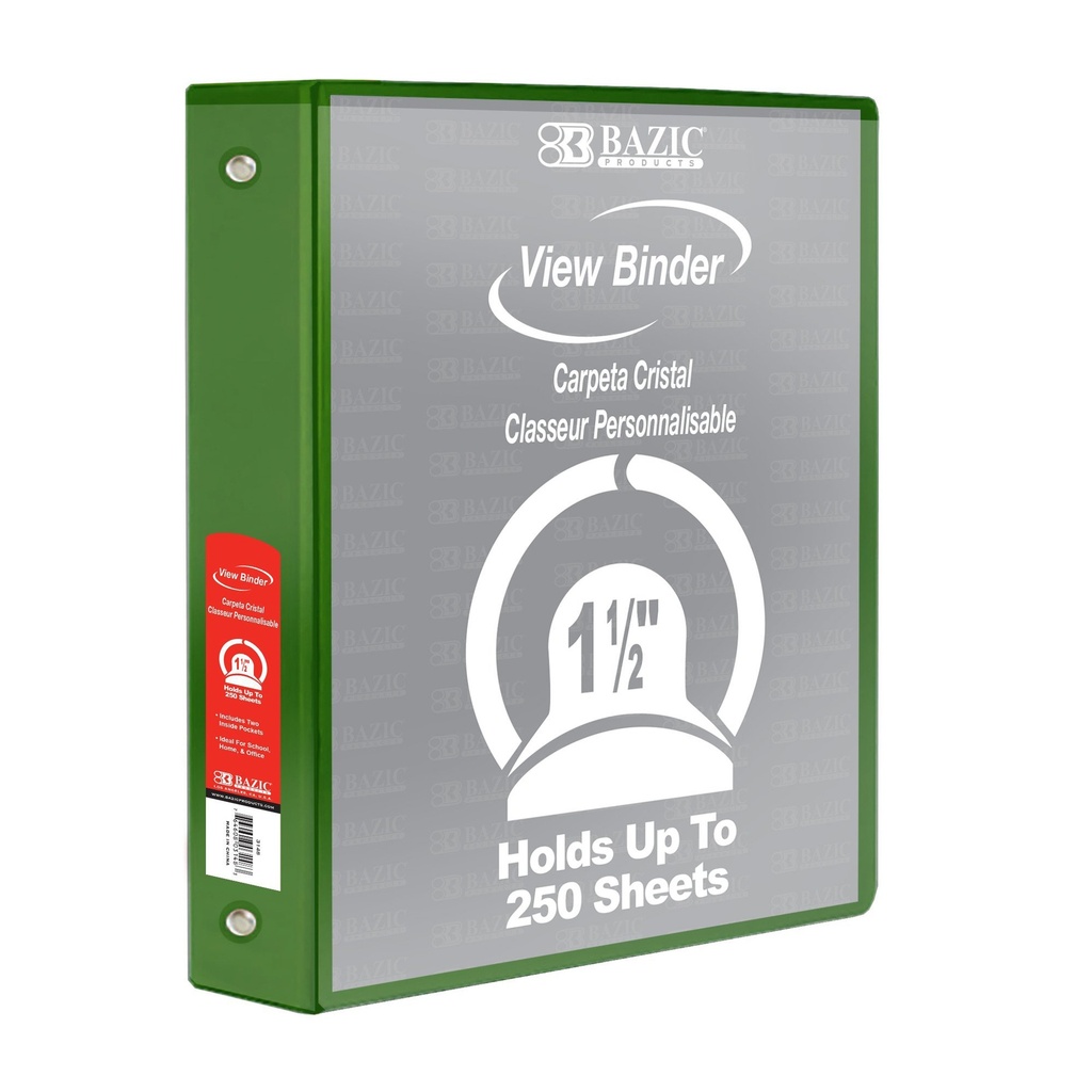 BAZIC Products® 1.5" Green 3‑Ring View Binder w/ 2‑Pockets — Customizable classroom binder