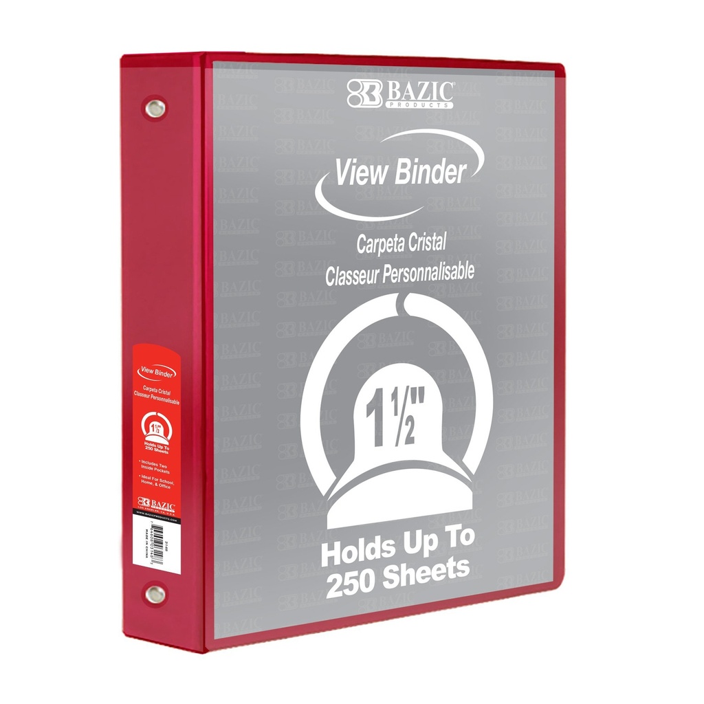 BAZIC Products® 1.5" Red 3‑Ring View Binder w/ 2‑Pockets — Customizable classroom binder
