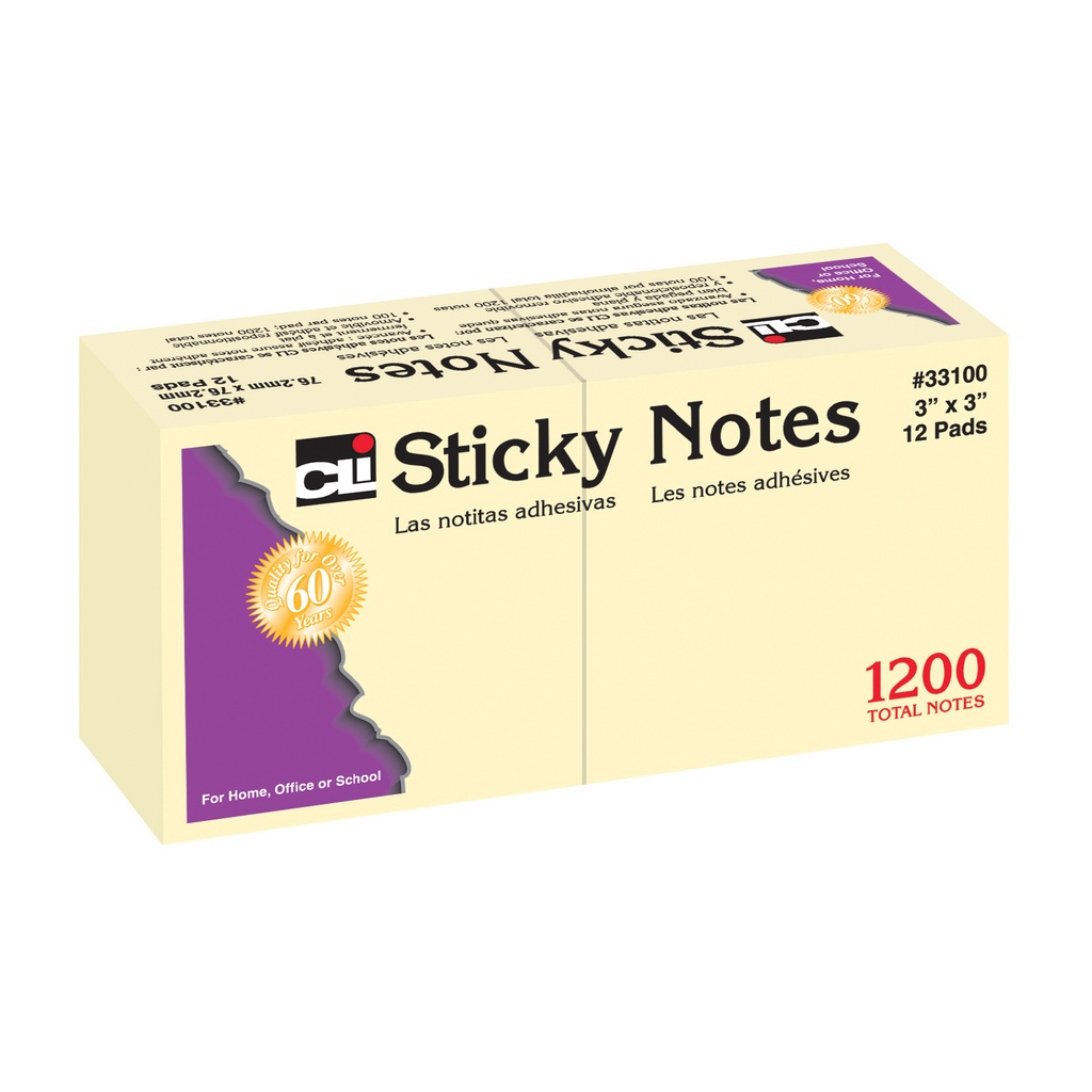 12ct 3x3 100 Sheet Yellow Sticky Note Pads