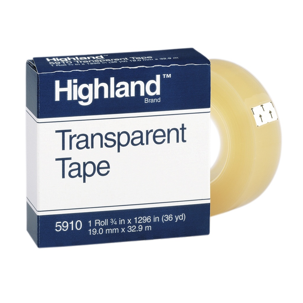 3M™ Highland™ Transparent Tape 5910, 3/4" × 1296", 1" Core (Single Roll) — Single roll for everyday mending and sealing