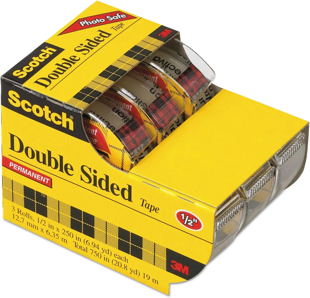 Scotch® Double‑Sided Tape, 3 Rolls, 1/2" × 250"