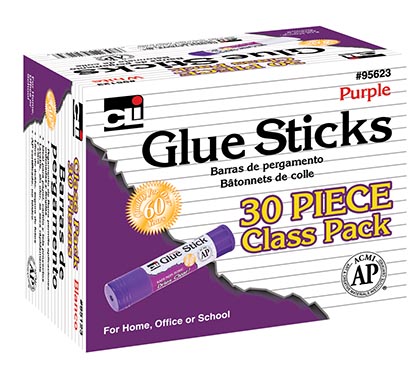 Charles Leonard® Purple .28 oz Glue Sticks, 30 Count Class Pack — Bulk purple glue sticks for clean, visible application