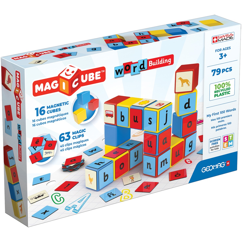 Geomag® Magicube™ Word Building Set (Recycled), 79 Pieces, 79 pieces (16 magnetic blocks + 63 clips)