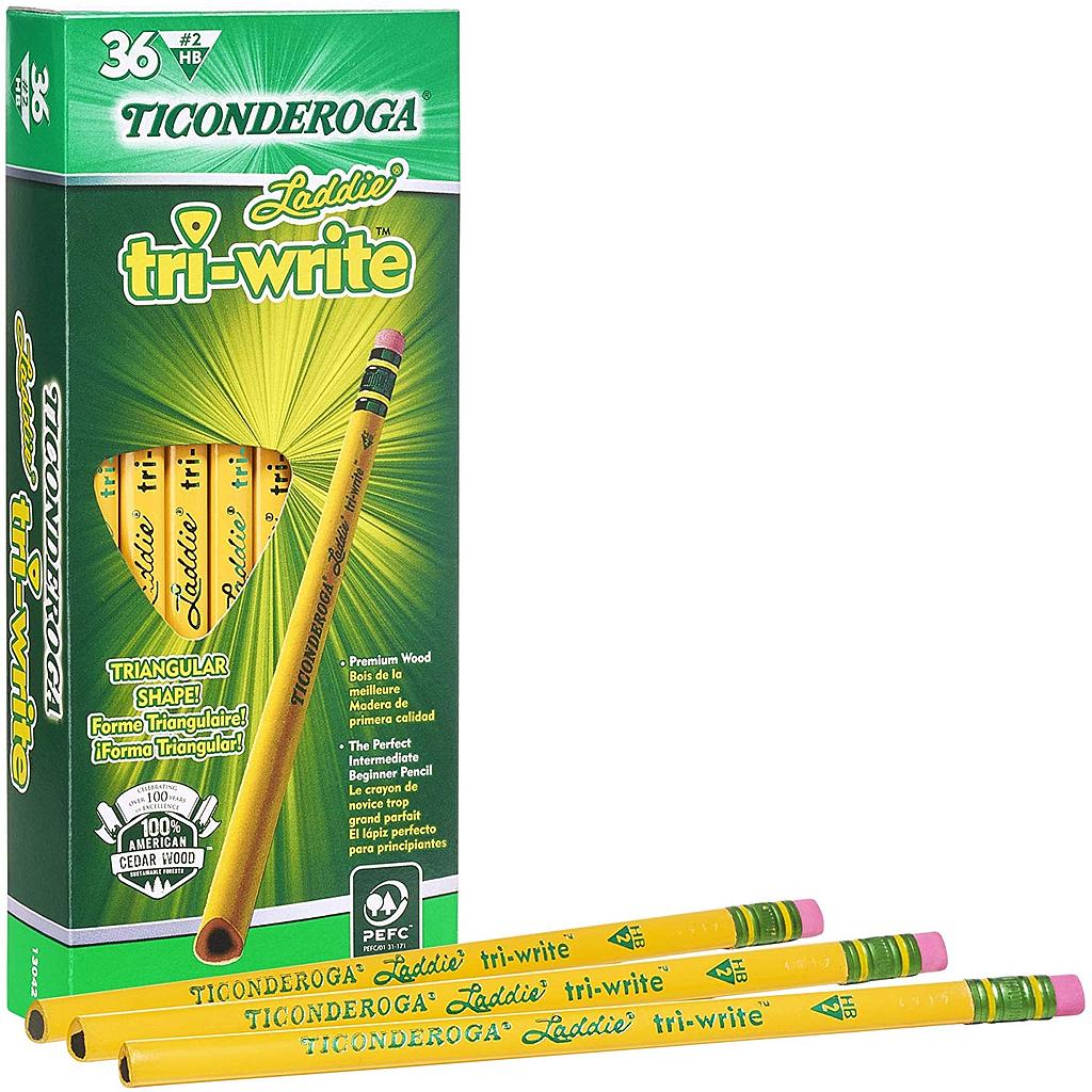 Ticonderoga® Laddie® Tri‑Write™ Triangular #2 Pencils with Erasers, 36/Box,11/32" diameter, 36 pencils 