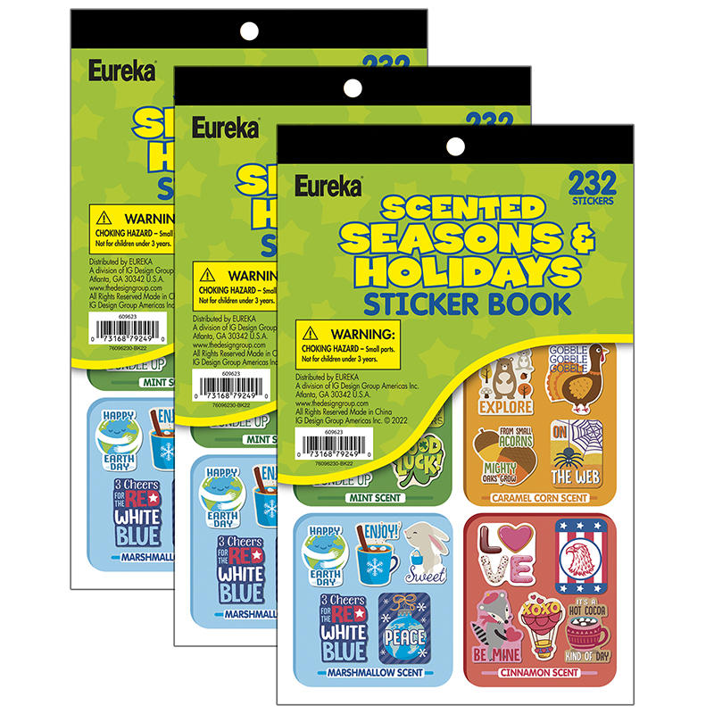 Eureka® Seasons & Holidays Scented Stickerbook —Pack of 3, Year‑round scratch‑and‑sniff rewards
