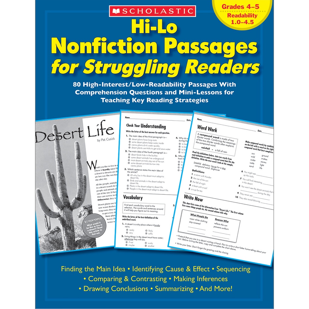 Scholastic® Hi-Lo Nonfiction Passages for Struggling Readers, Grades 4–5 — High-interest passages with comprehension questions and mini-lessons