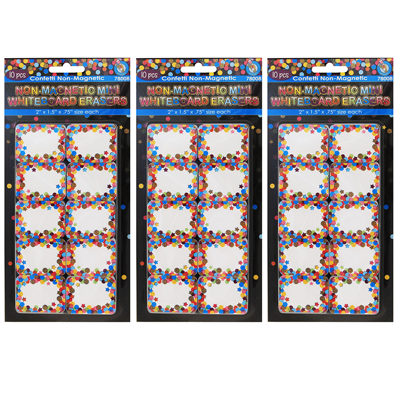 Ashley Productions® Non‑Magnetic Mini Whiteboard Erasers, Confetti — 3 Packs (30 mini erasers)