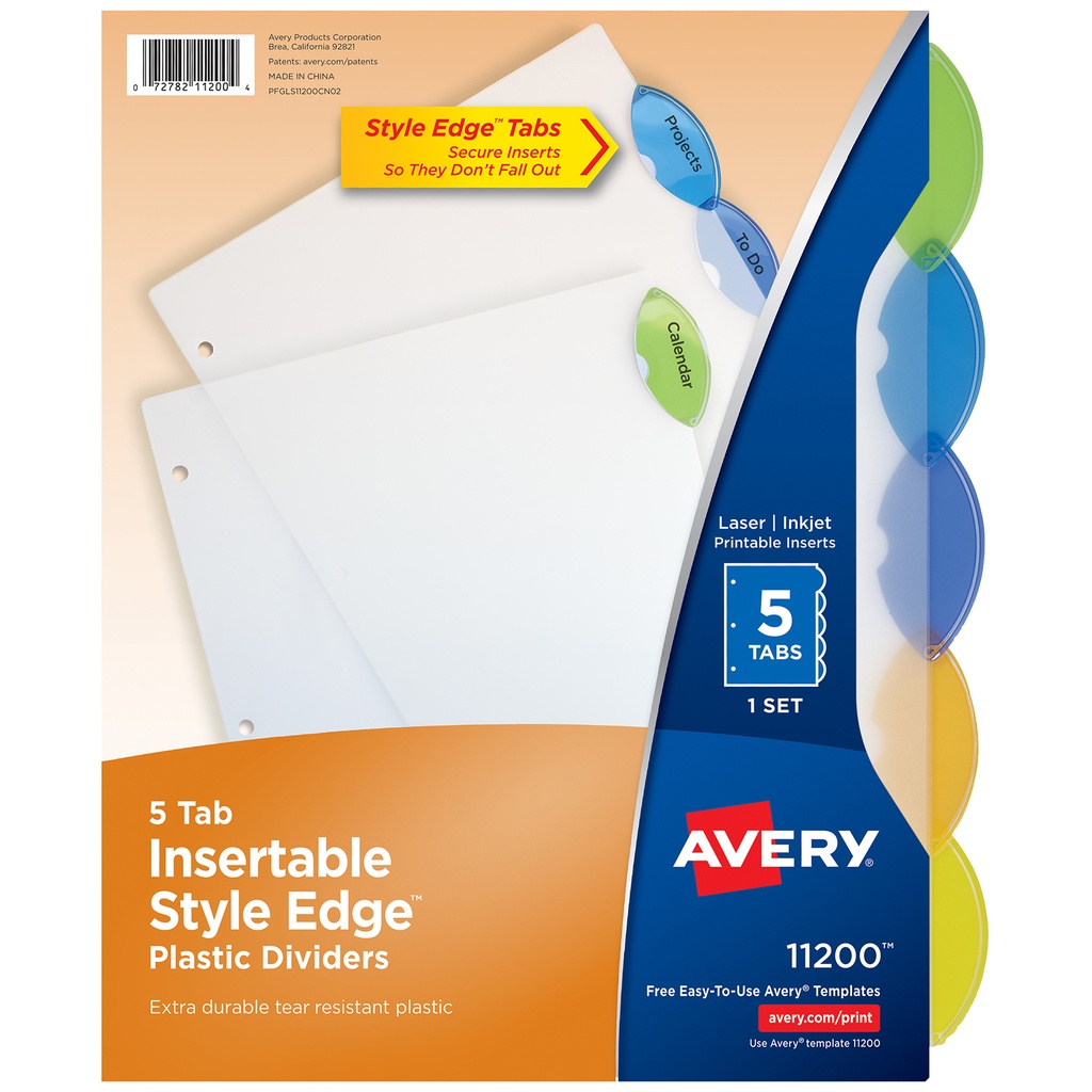 Avery® Insertable Style Edge™ Plastic Dividers, 5‑Tab,8½" x 11", 1 set, translucent tabs 