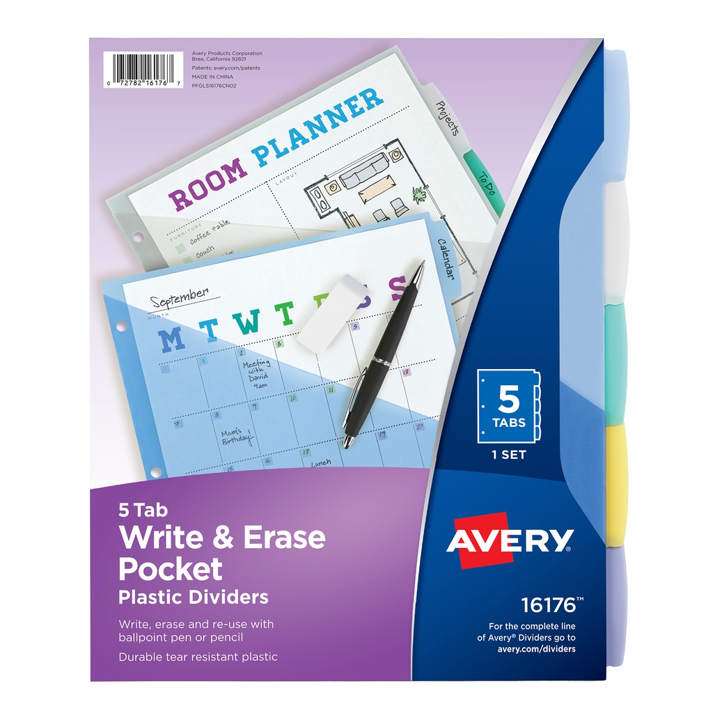 Avery® Write & Erase Plastic Dividers with Pockets, 5‑Tab,letter size 8.5" x 11" (wide/tabbed), 1 set (5 tabs) 
