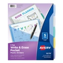 Avery® Write & Erase Plastic Dividers with Pockets, 5‑Tab,letter size 8.5" x 11" (wide/tabbed), 1 set (5 tabs) 