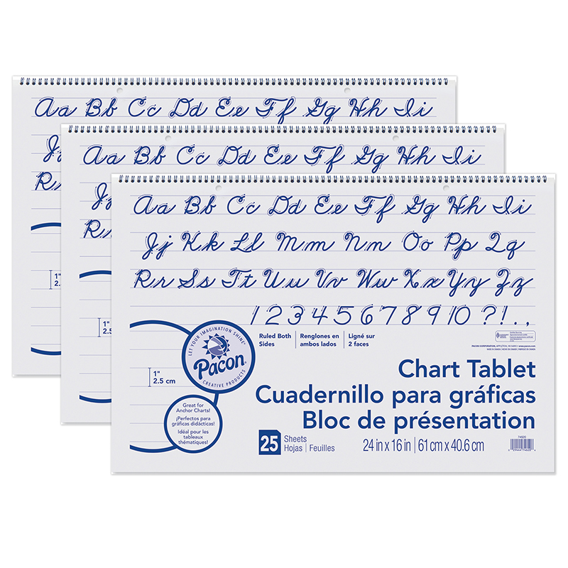Chart Tablet, Cursive Cover, 1" Ruled, 24" x 16", 25 Sheets Per Tablet, 3 Tablets