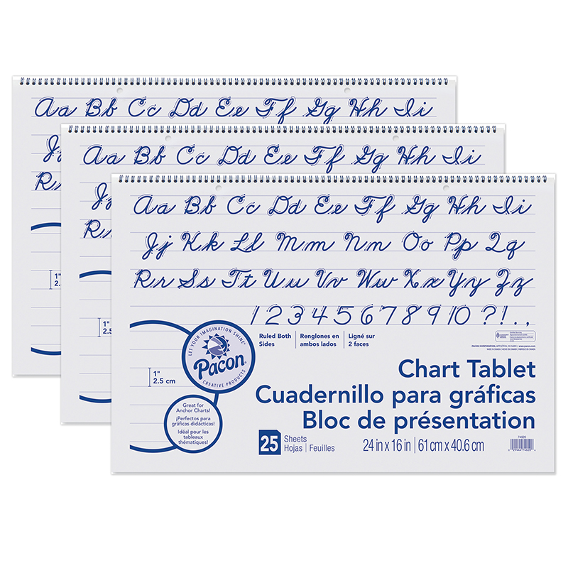 Pacon® Chart Tablets — Cursive Cover, 1" ruled, 24" × 16" (3 tablets)