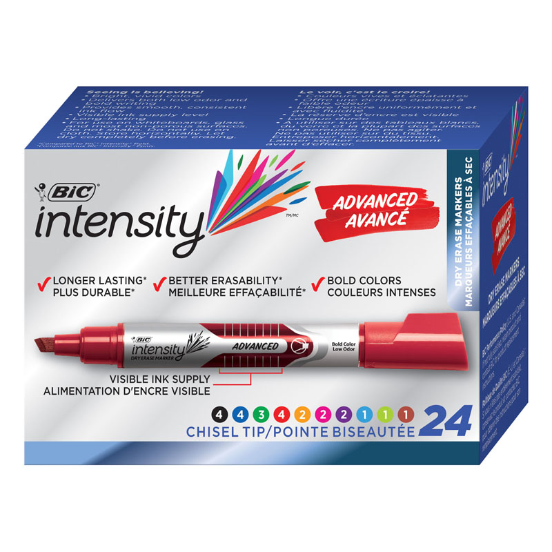 Intensity Advanced Dry Erase Marker, Tank Style, Chisel Tip, Assorted Colors, Pack of 24