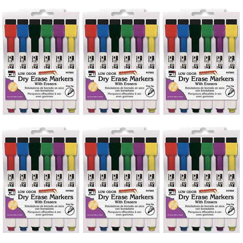 Charles Leonard® Magnetic Dry Erase Markers with Erasers — 6/Pack