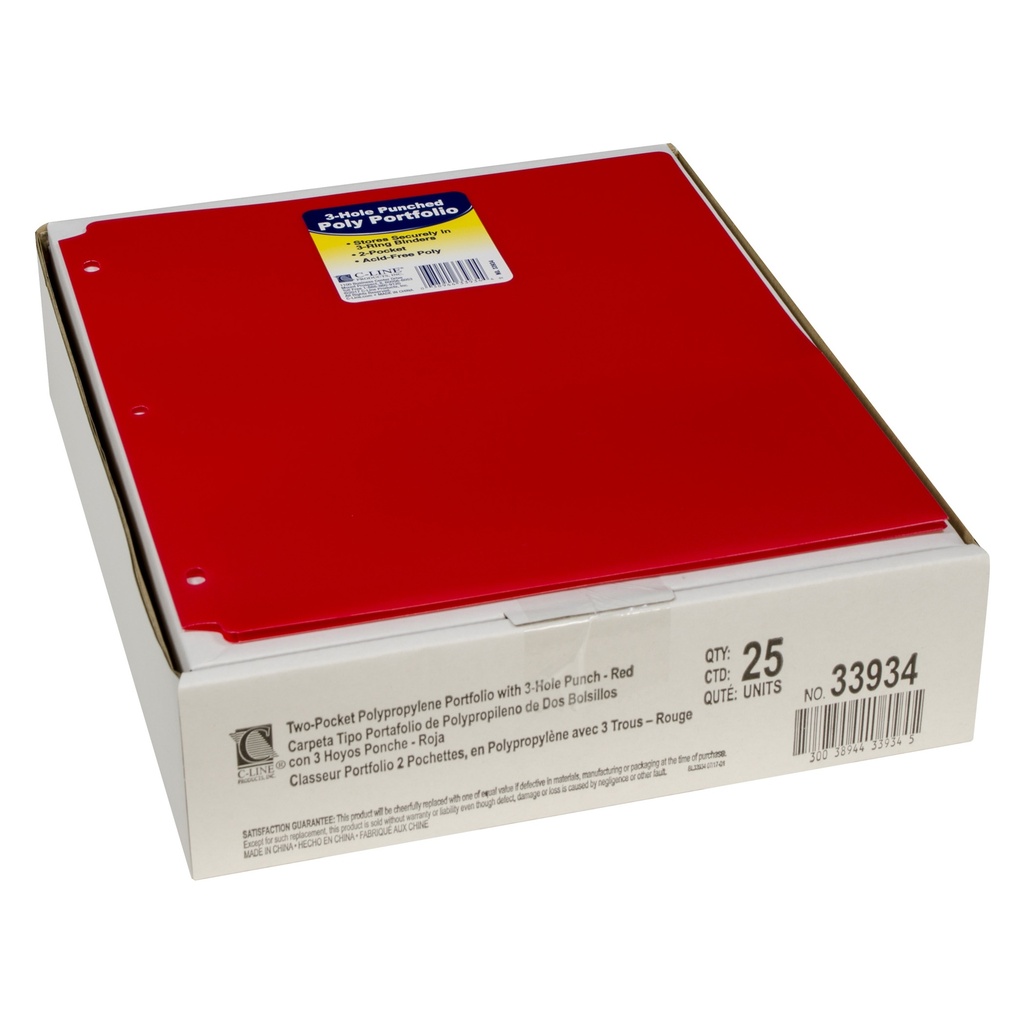 Two-Pocket Heavyweight Poly Portfolio Folder with Three-Hole Punch, Red, Pack of 25