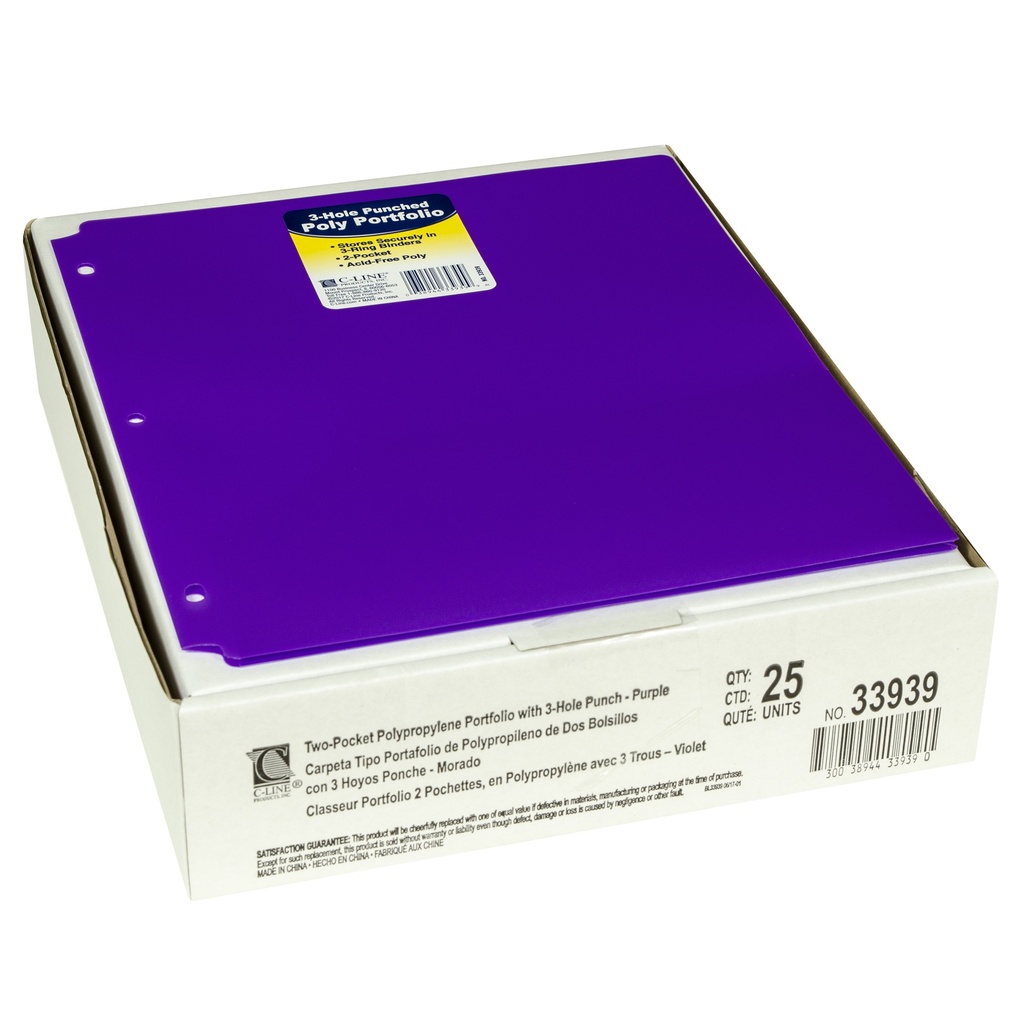 C‑Line® Two-Pocket Heavyweight Poly Portfolio Folder with Three-Hole Punch, Purple, Pack of 25 