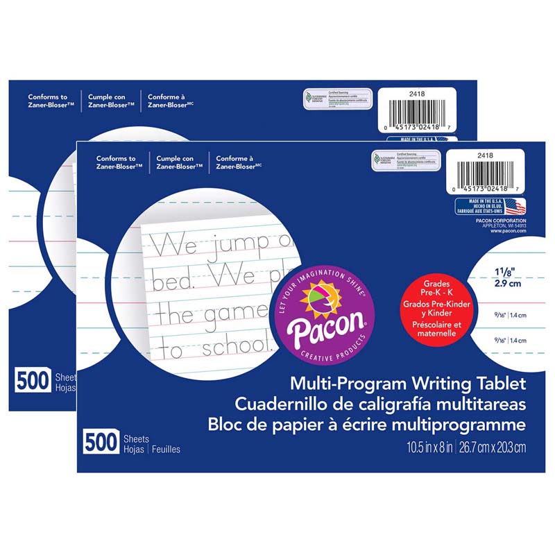 Multi-Program Handwriting Paper, 1-1/8" Ruled (Long Way), White, 10-1/2" x 8", 500 Sheets Per Pack, 2 Packs