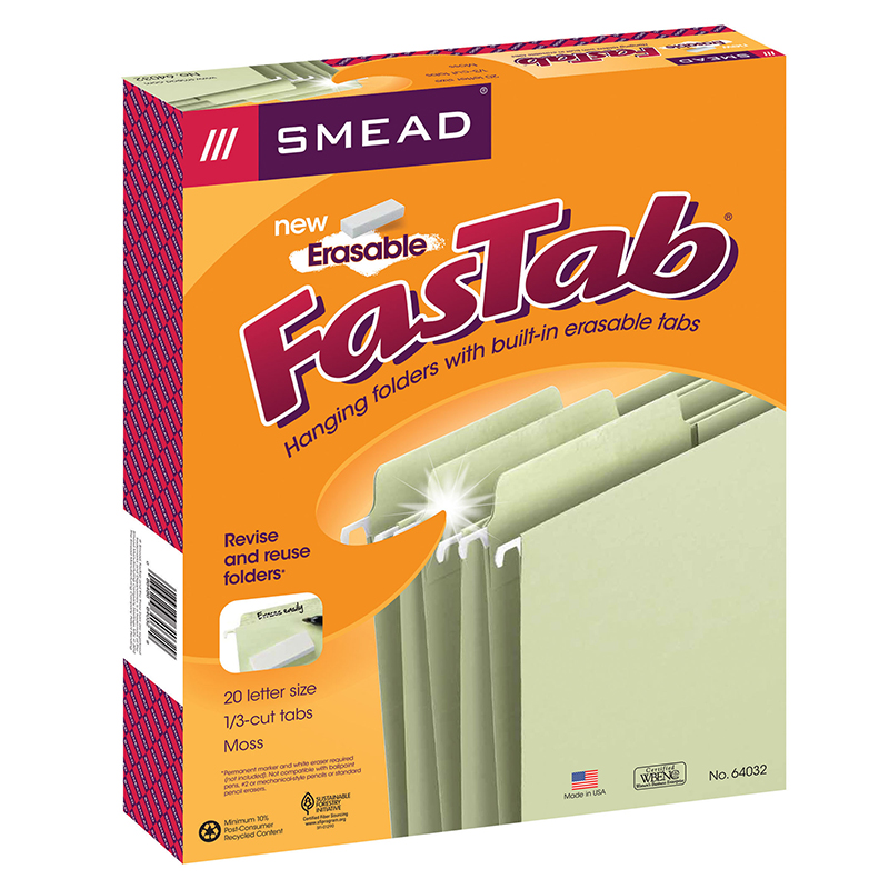Erasable FasTab® Hanging File Folder, 1/3-Cut Built-In Tab, Letter Size, Moss, Box of 20