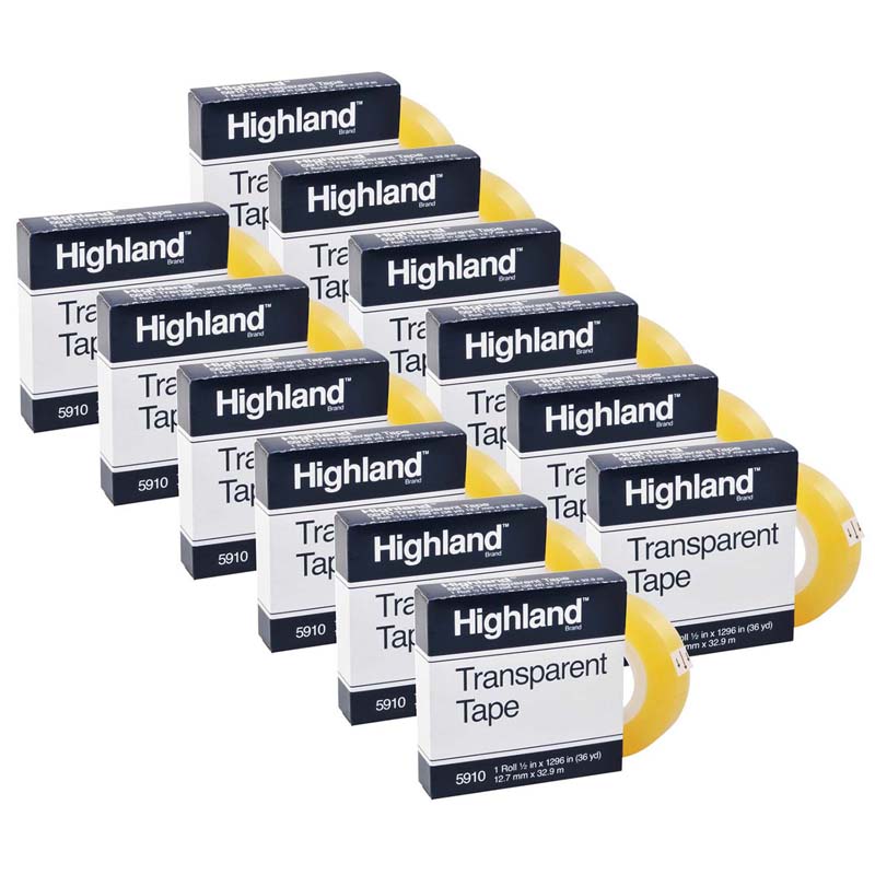3M™ Highland™ Transparent Tape 5910, 1/2" × 1296", 1" Core (12 Rolls) — Bulk transparent tape for everyday classroom mending