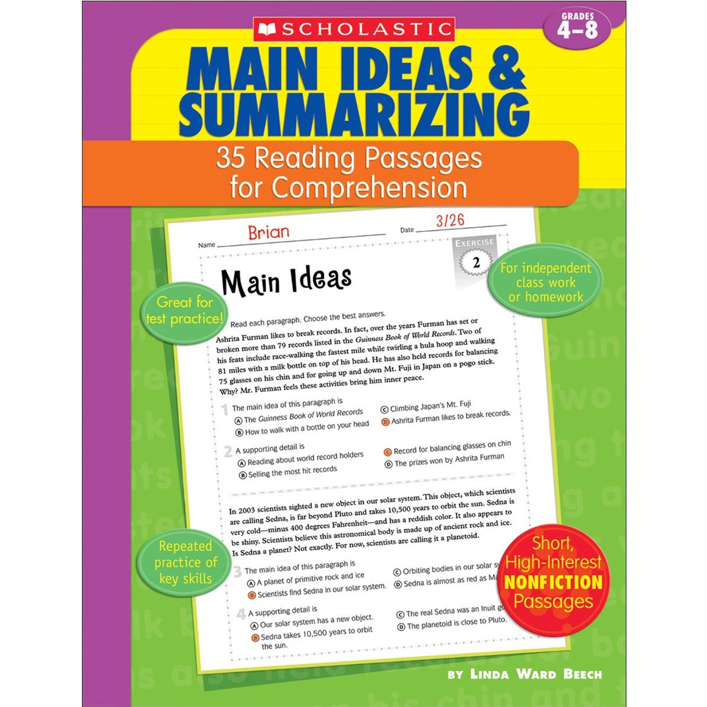 Scholastic® 35 Reading Passages for Comprehension: Main Ideas & Summarizing — Focused practice identifying central ideas and summarizing text