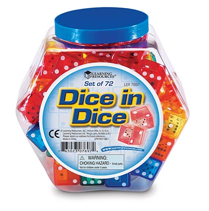 Learning Resources® Dice in Dice® — Tub of 72 translucent ¾" dice for probability and operations