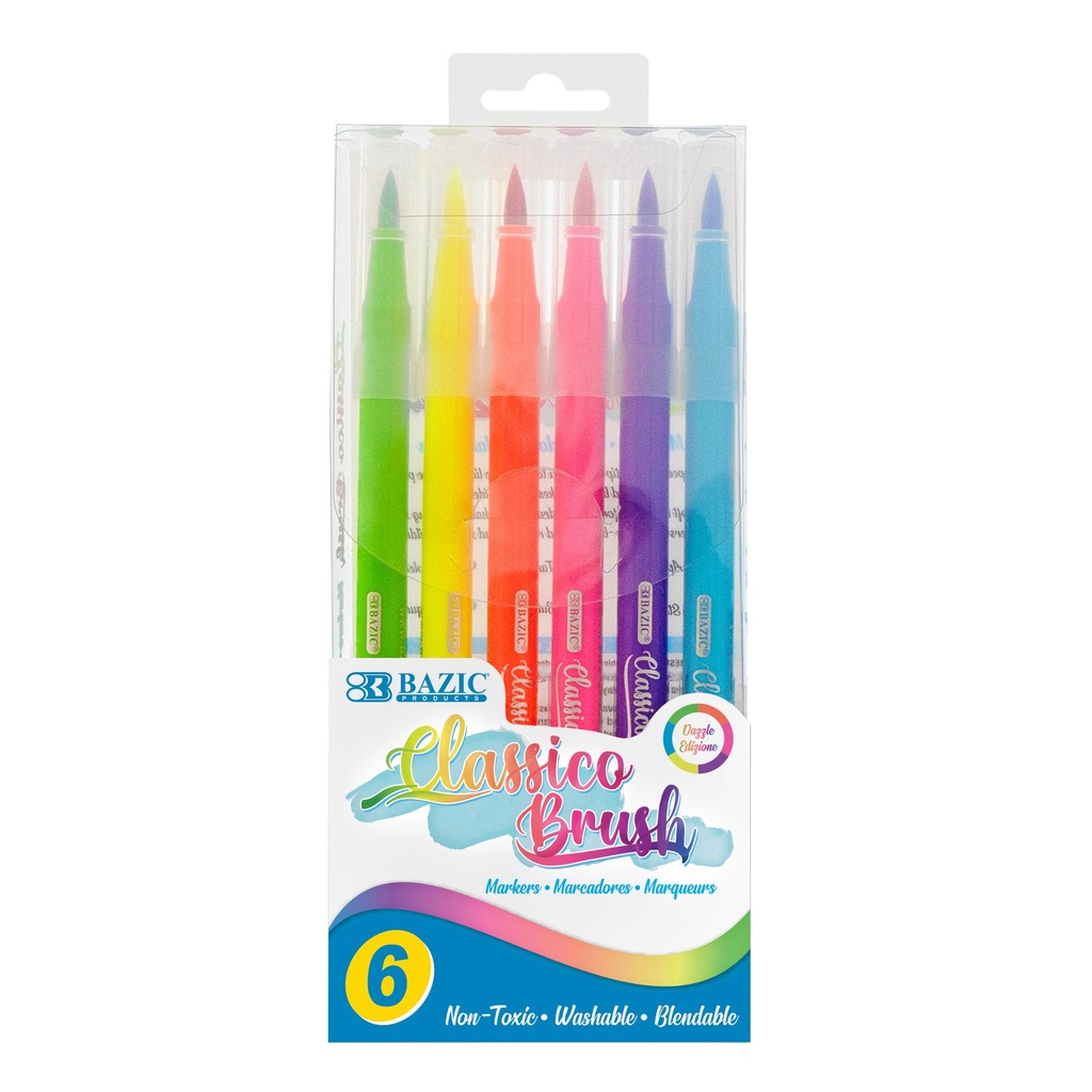 Fluorescent Washable Brush Markers 6 Colors