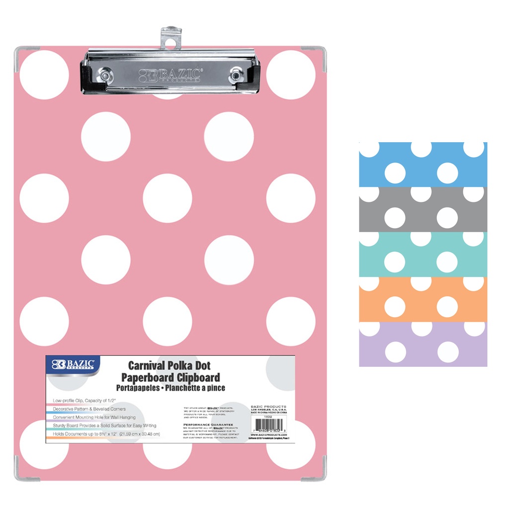 Carnival Polka Dot Standard Size Paperboard Clipboards with Low Profile Clips
