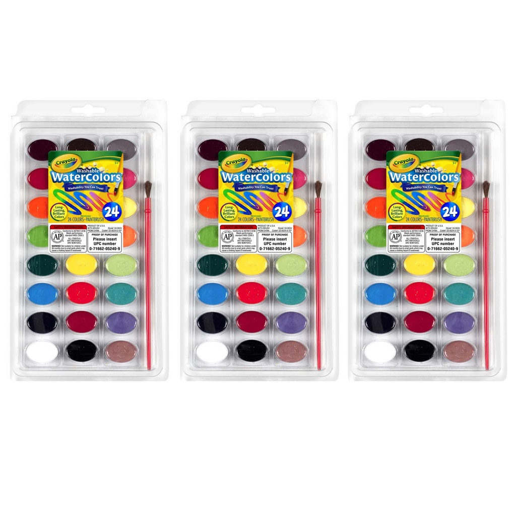 24 Color Washable Watercolor Pans with Plastic Handled Brush 3ct