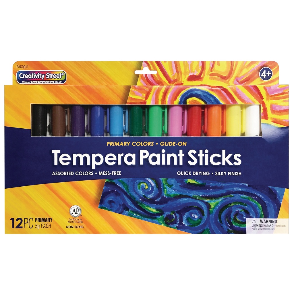 12 Assorted Glide-On Tempera Paint Sticks,