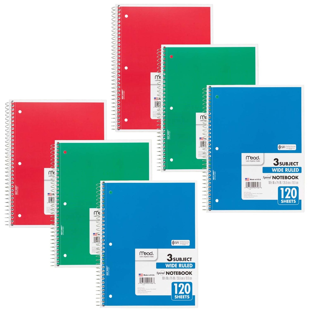 Mead® Spiral 3 Subject Wide Ruled Notebooks, Pack of 6,10 1/2" x 8" page size, 6 notebooks; 120 sheets each 