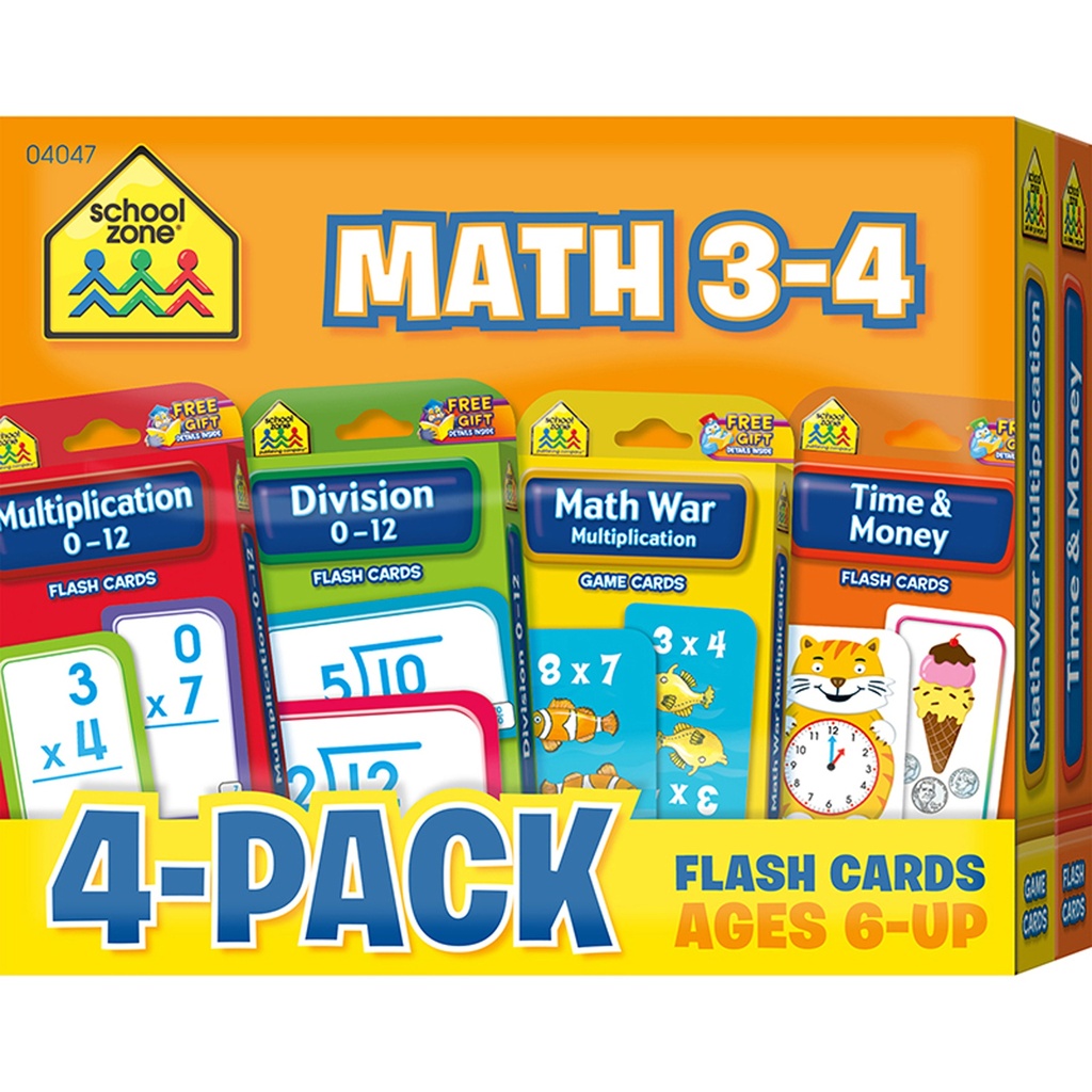 School Zone® Math 3–4 Flash Cards, 4‑Pack,Standard flash‑card size, 4 decks 