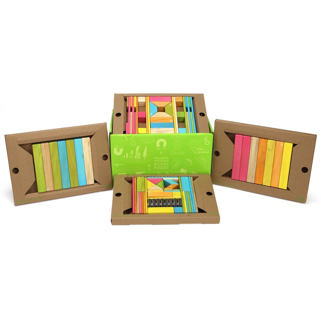 Tegu® Tints Magnetic Wooden Blocks Classroom Kit — 90 Pieces — Bulk classroom set of magnetic hardwood building blocks for open-ended STEM play