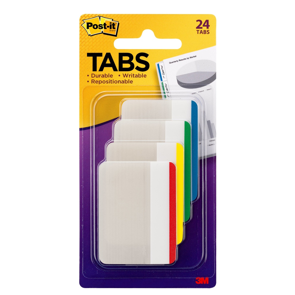 Post‑it® Tabs 2" Lined — assorted primary, writable & repositionable (24 tabs)