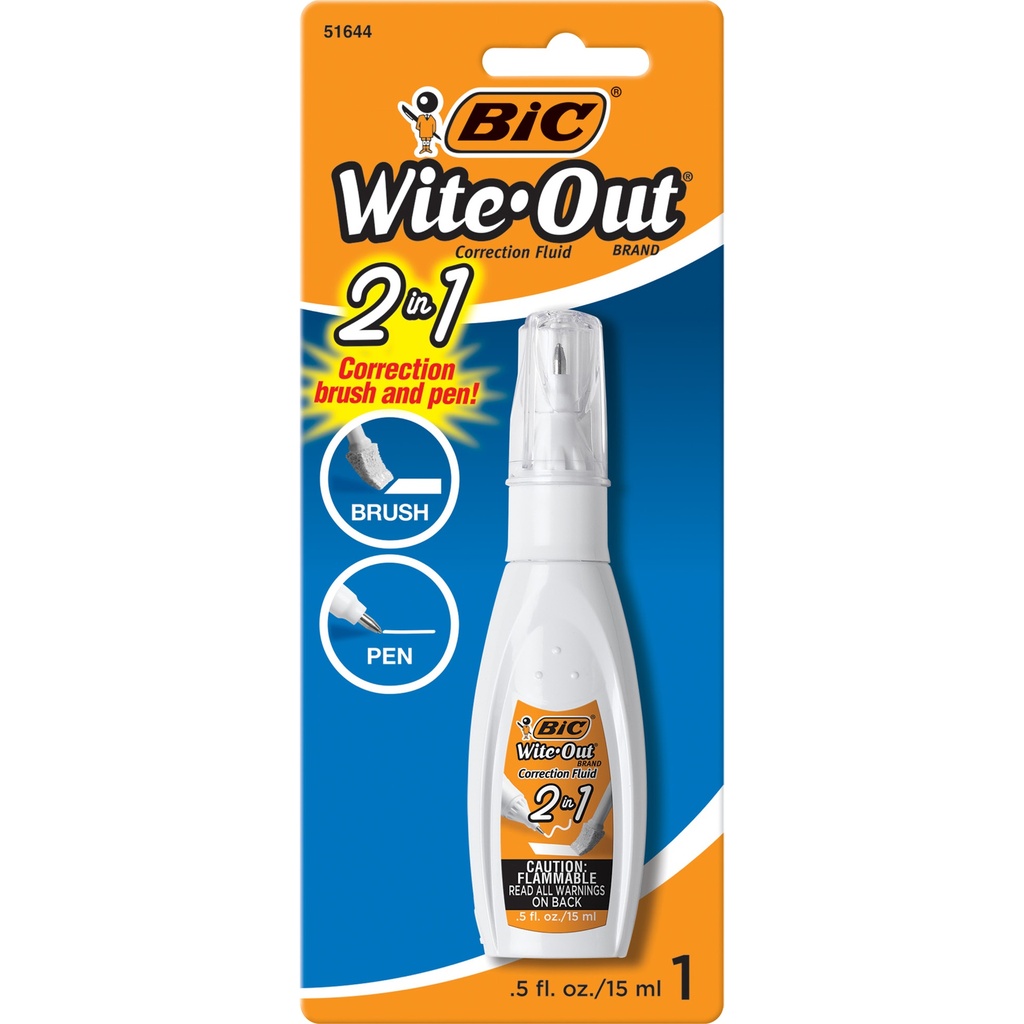 BIC® Wite‑Out® 2‑in‑1 Correction Fluid — Brush & Needle‑Point Pen (15 mL)