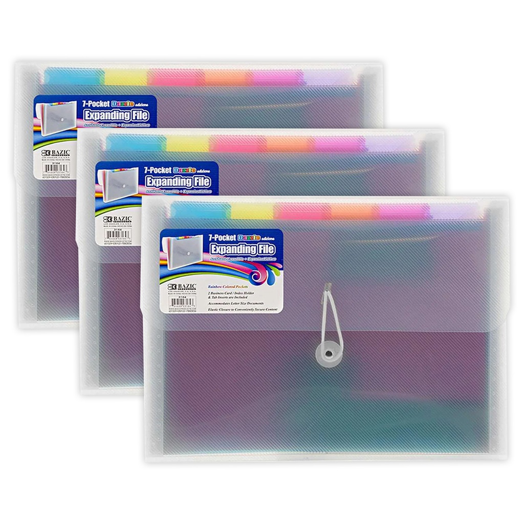 BAZIC® Rainbow 7-Pocket Letter Size Poly Expanding File Pack of 3
