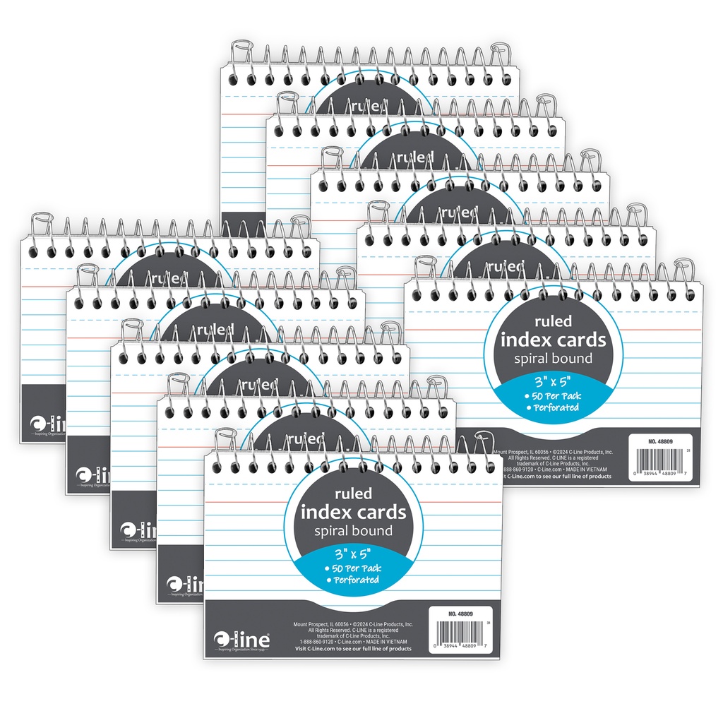 C‑Line® Spiral Bound Index Card Notebook, 3" × 5" — Ruled, 50 Cards Each, 10/Pack
