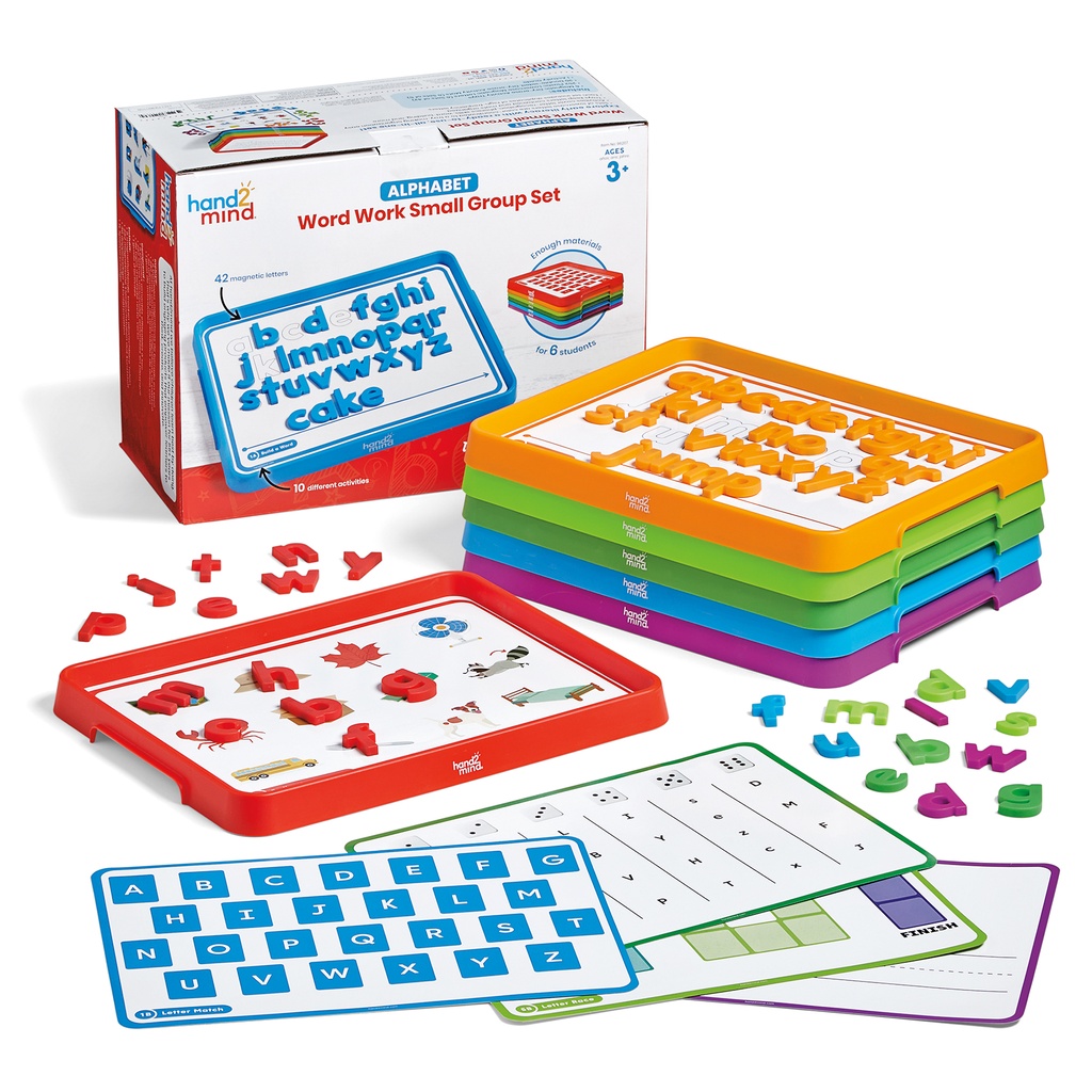 hand2mind® Alphabet Word Work, Small Group Set — Six-student phonics station with trays, letters, and mats